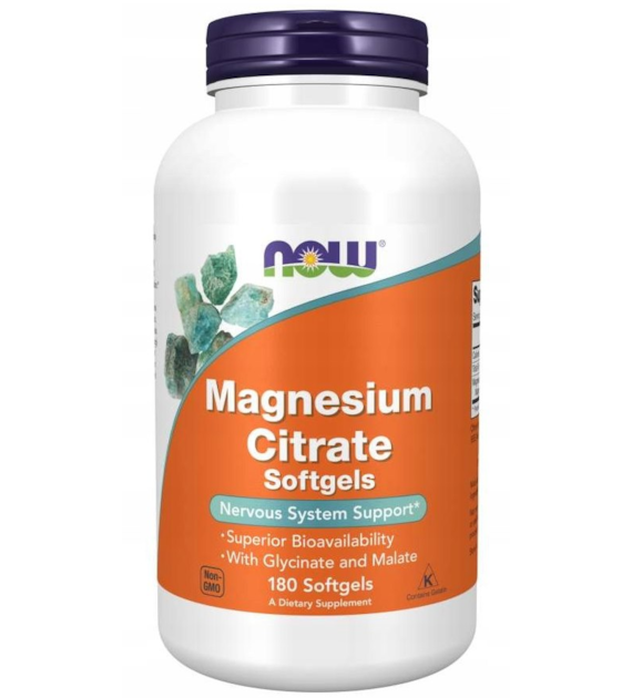 NOW FOODS Magnesium Citrate Softgels 180 sgels. - cytrynian, diglicynian i jabłczan magnezu