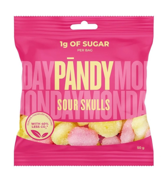 PANDY Sour Skulls 50g - żelki piankowe bez dodatku cukru o smaku maliny i cytryny