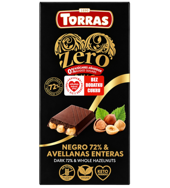 TORRAS ZERO Czekolada gorzka 72% z orzechami laskowymi bez dodatku cukru bezglutenowa 150g