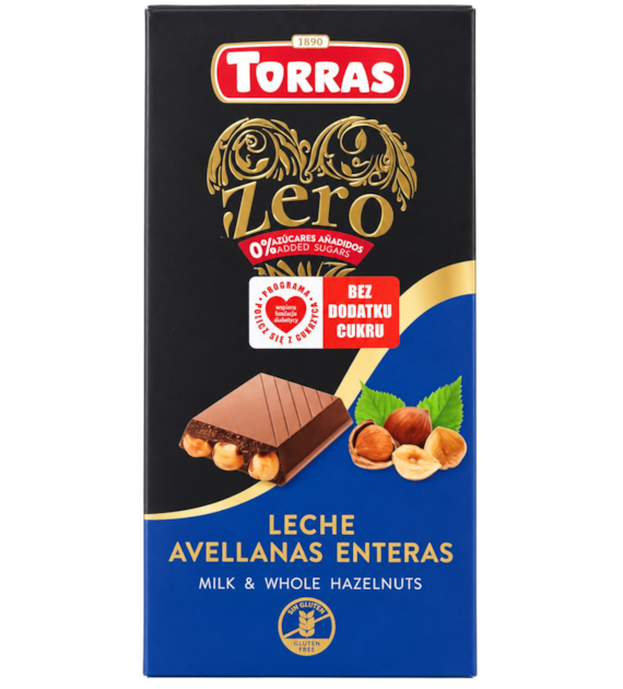 TORRAS ZERO Czekolada mleczna z orzechami laskowymi bez dodatku cukru bezglutenowa 150g