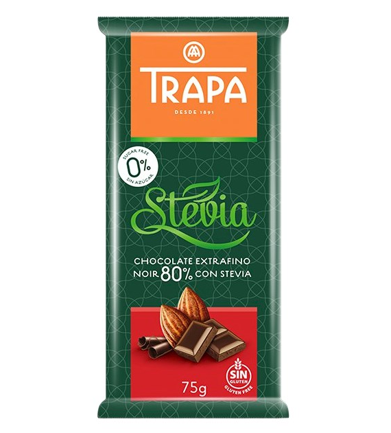 TRAPA Stevia Czekolada gorzka 80% kakao bez dodatku cukru bezglutenowa 75g