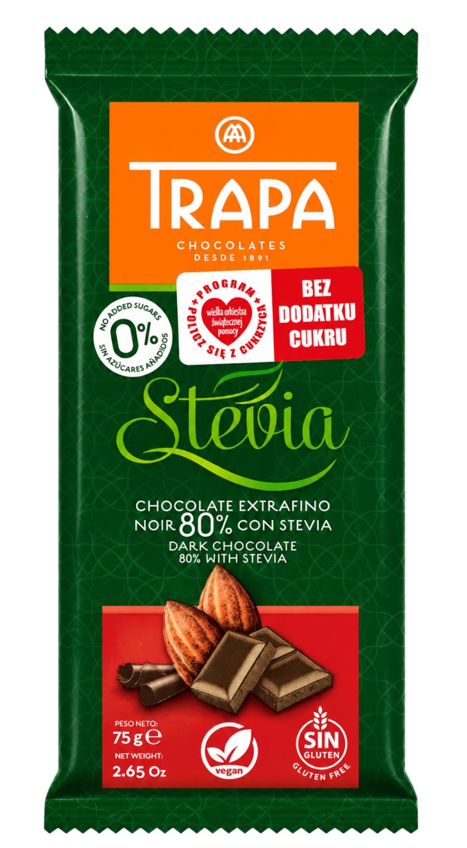 TRAPA Stevia Czekolada gorzka 80% kakao bez dodatku cukru bezglutenowa 75g