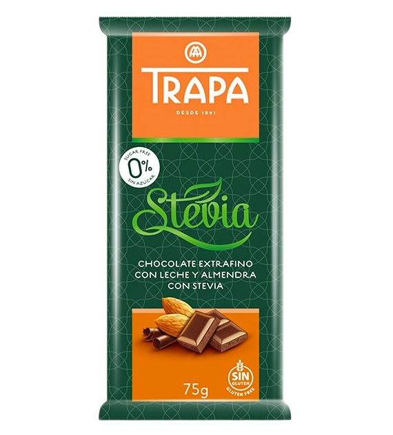 TRAPA Stevia Czekolada mleczna z migdałami bez dodatku cukru bezglutenowa 75g