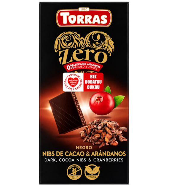 TORRAS ZERO Czekolada gorzka z ziarnami kakao i żurawiną bez dodatku cukru bezglutenowa 125g