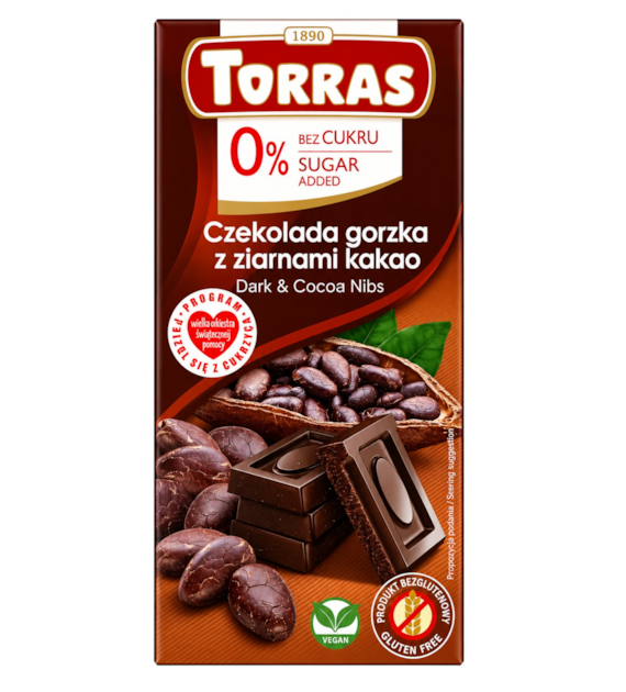 TORRAS Czekolada gorzka z ziarnami kakao bez dodatku cukru bezglutenowa 75g