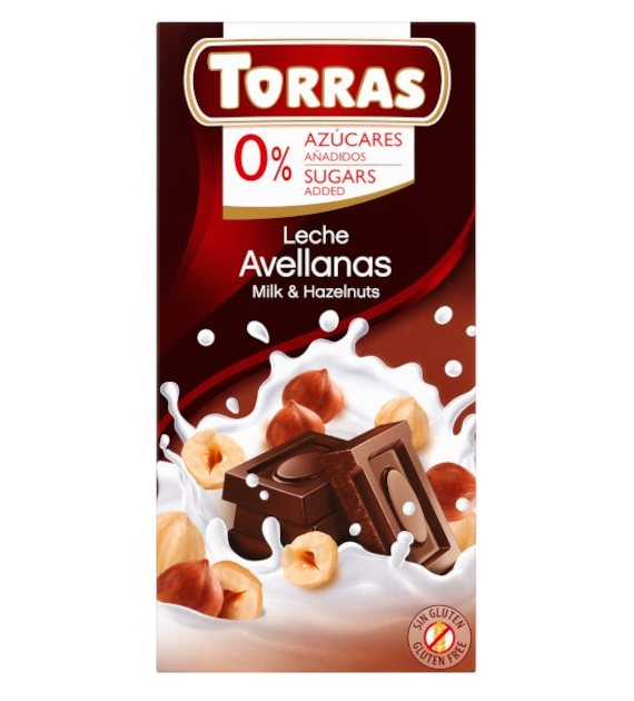 TORRAS Czekolada mleczna z orzechami laskowymi bez dodatku cukru bezglutenowa 75g