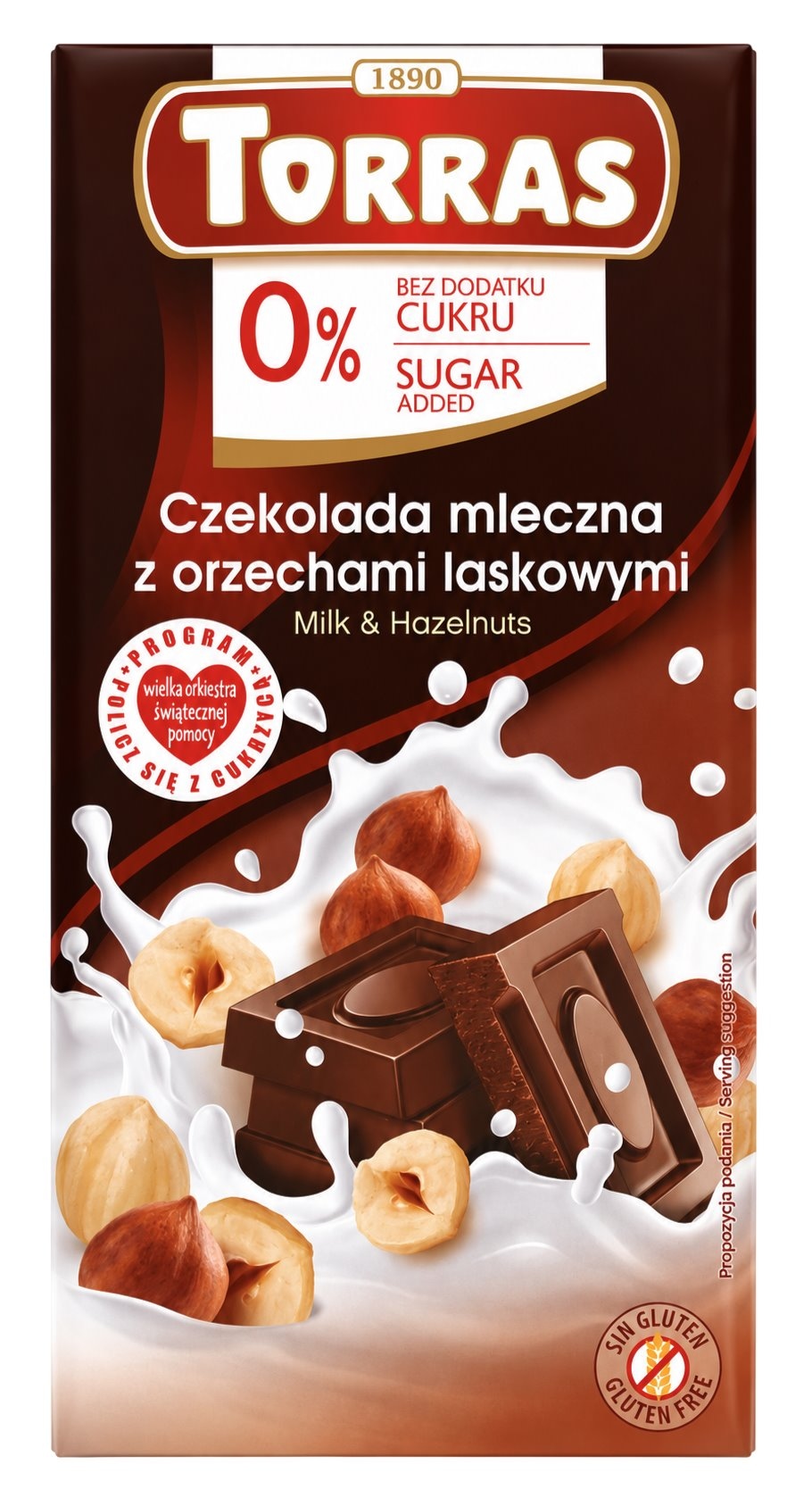 TORRAS Czekolada mleczna z orzechami laskowymi bez dodatku cukru bezglutenowa 75g
