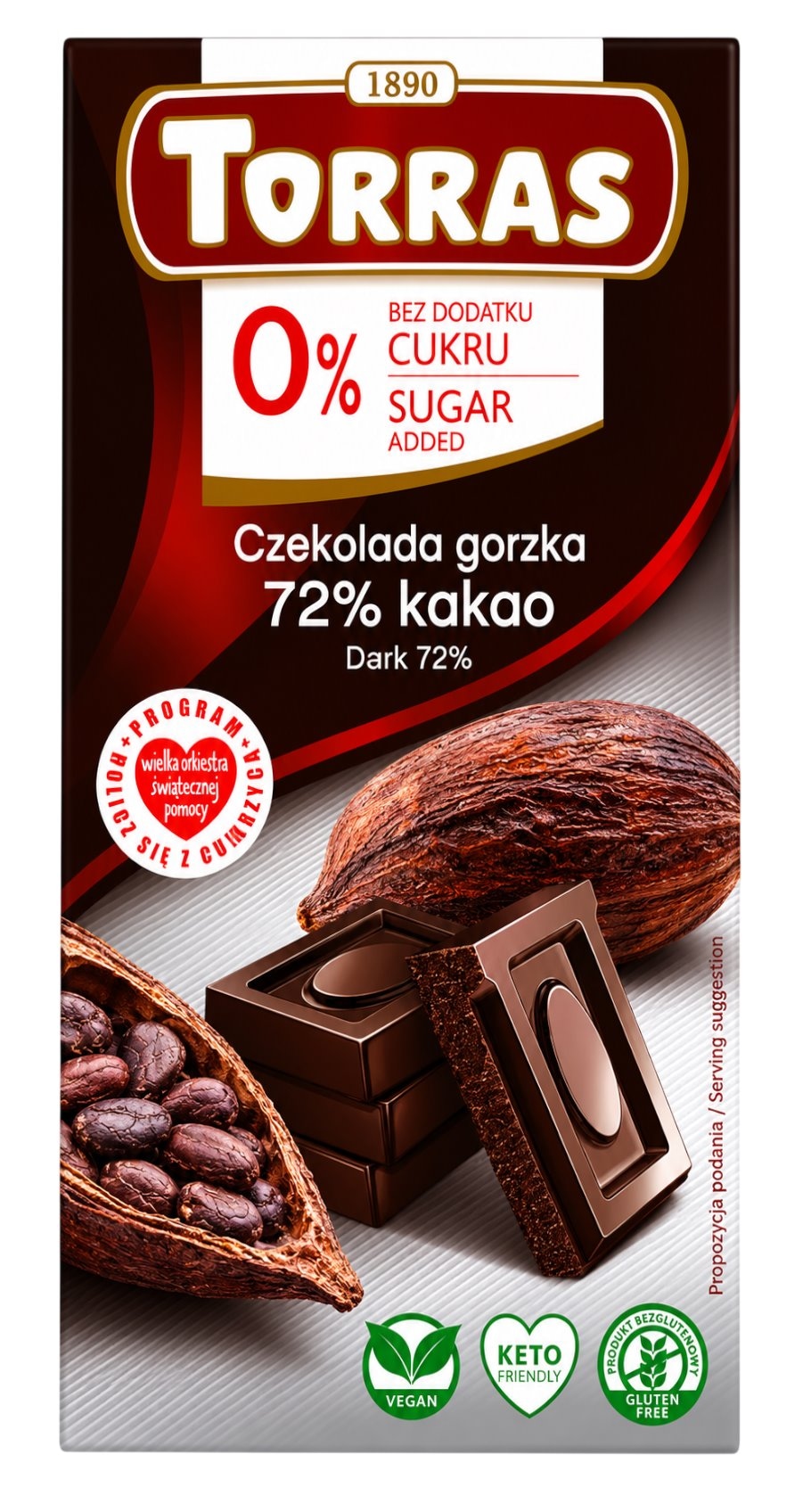 TORRAS Czekolada gorzka 72% kakao bez dodatku cukru bezglutenowa 75g