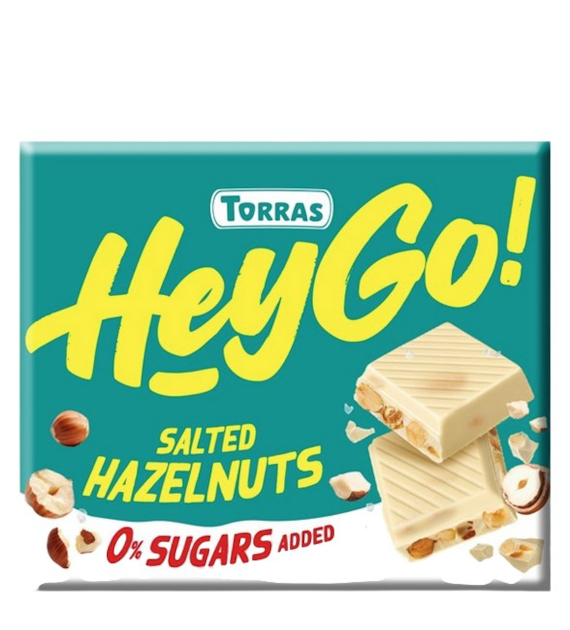 TORRAS HeyGo! Czekolada biała z orzechami laskowymi i solą morską bez dodatku cukru bezglutenowa 60g