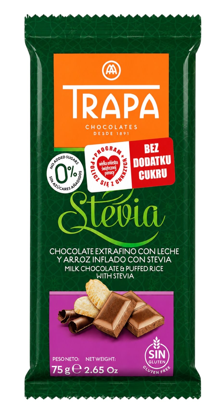 TRAPA Stevia Czekolada mleczna crunchy bez dodatku cukru bezglutenowa 75g