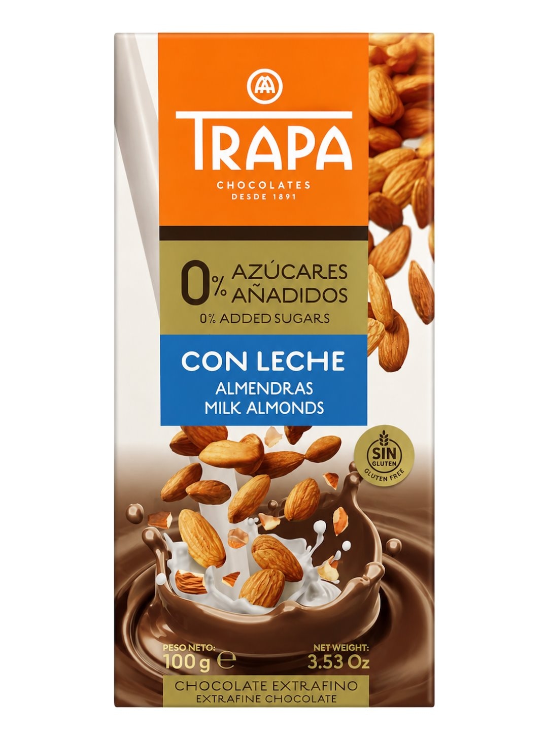 TRAPA Czekolada mleczna z migdałami bez dodatku cukru bezglutenowa 100g