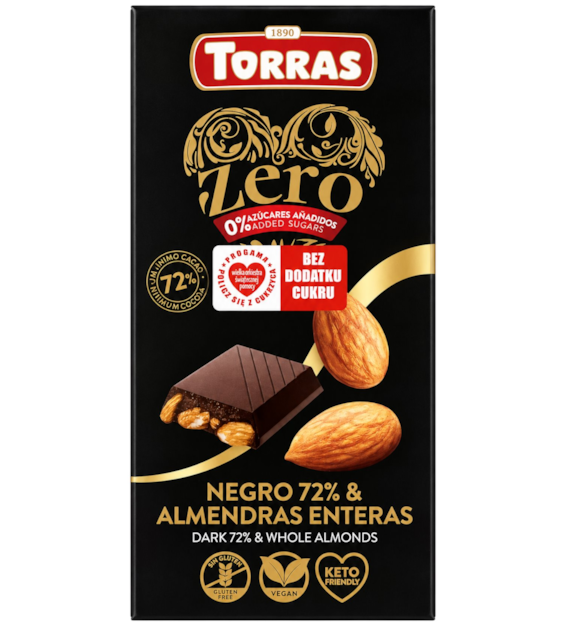 TORRAS ZERO Czekolada gorzka 72% z migdałami bez dodatku cukru bezglutenowa 150g