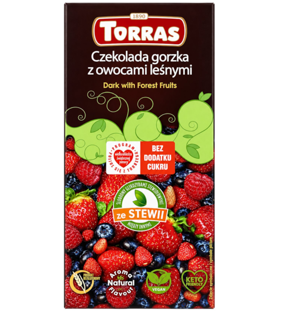 TORRAS STEVIA Czekolada gorzka z owocami leśnymi ze stewią bez dodatku cukru bezglutenowa 125g