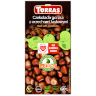 TORRAS STEVIA Czekolada gorzka z orzechami laskowymi ze stewią bez dodatku cukru bezglutenowa 125g