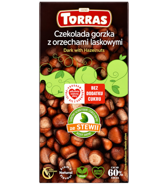TORRAS STEVIA Czekolada gorzka z orzechami laskowymi ze stewią bez dodatku cukru bezglutenowa 125g