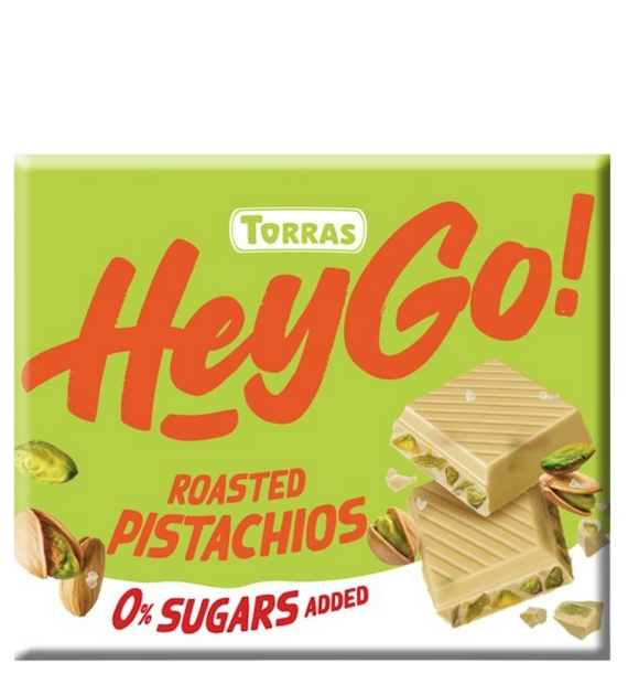 TORRAS HeyGo! Czekolada biała z prażonymi pistacjami bez dodatku cukru bezglutenowa 60g