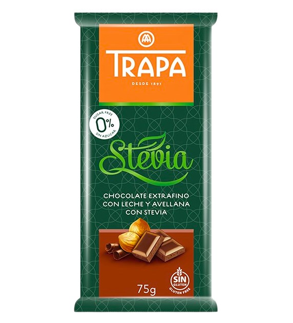 TRAPA Stevia Czekolada mleczna z orzechami laskowymi bez dodatku cukru bezglutenowa 75g